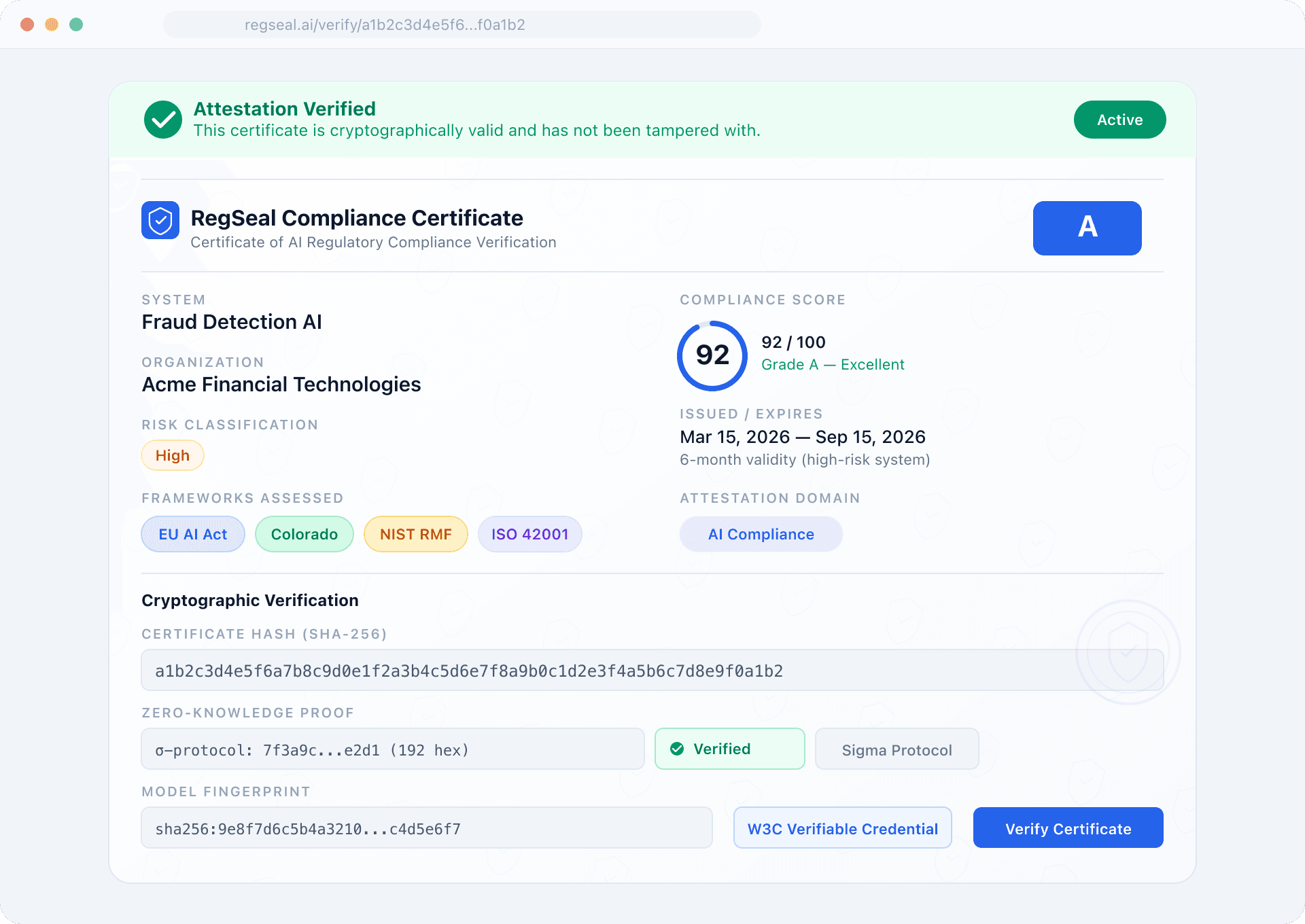 RegSeal Attestation Certificate with SHA-256 hash, QR code, and embeddable compliance badge